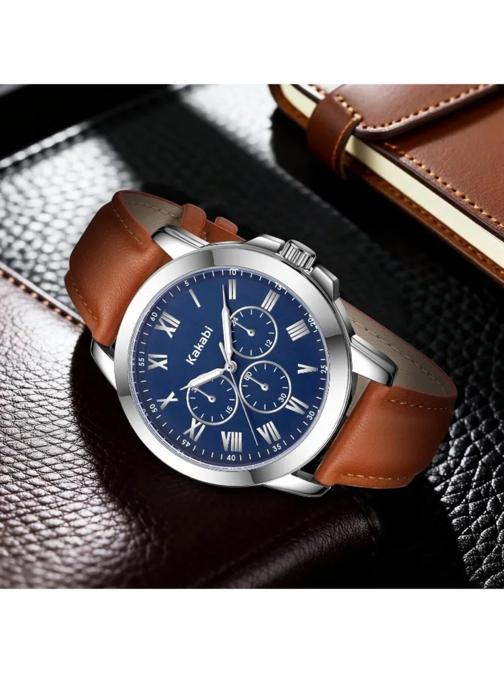 Mens Brown And Blue Analog Quartz Leather Classic Roman Numeral Waterproof Watch